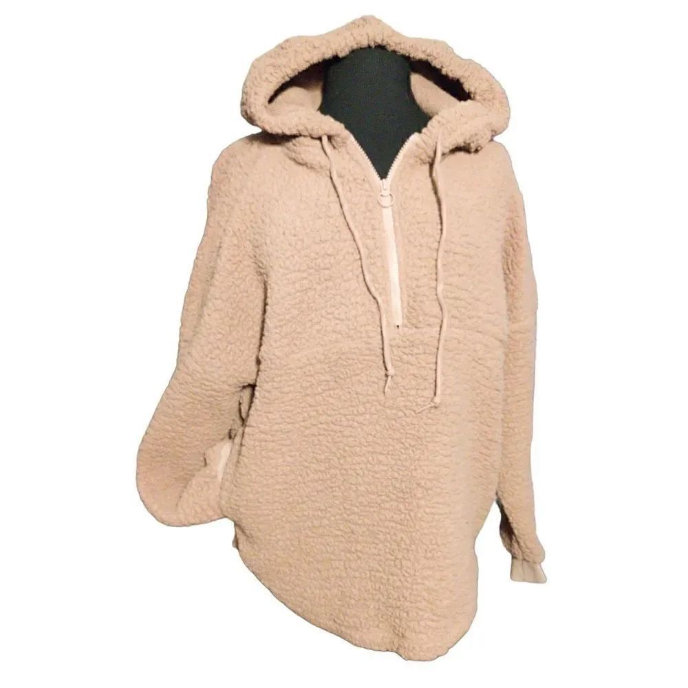Victoria Secret PINK Sherpa S Tan Hoodie Pullover Quarter Zip. Oversized